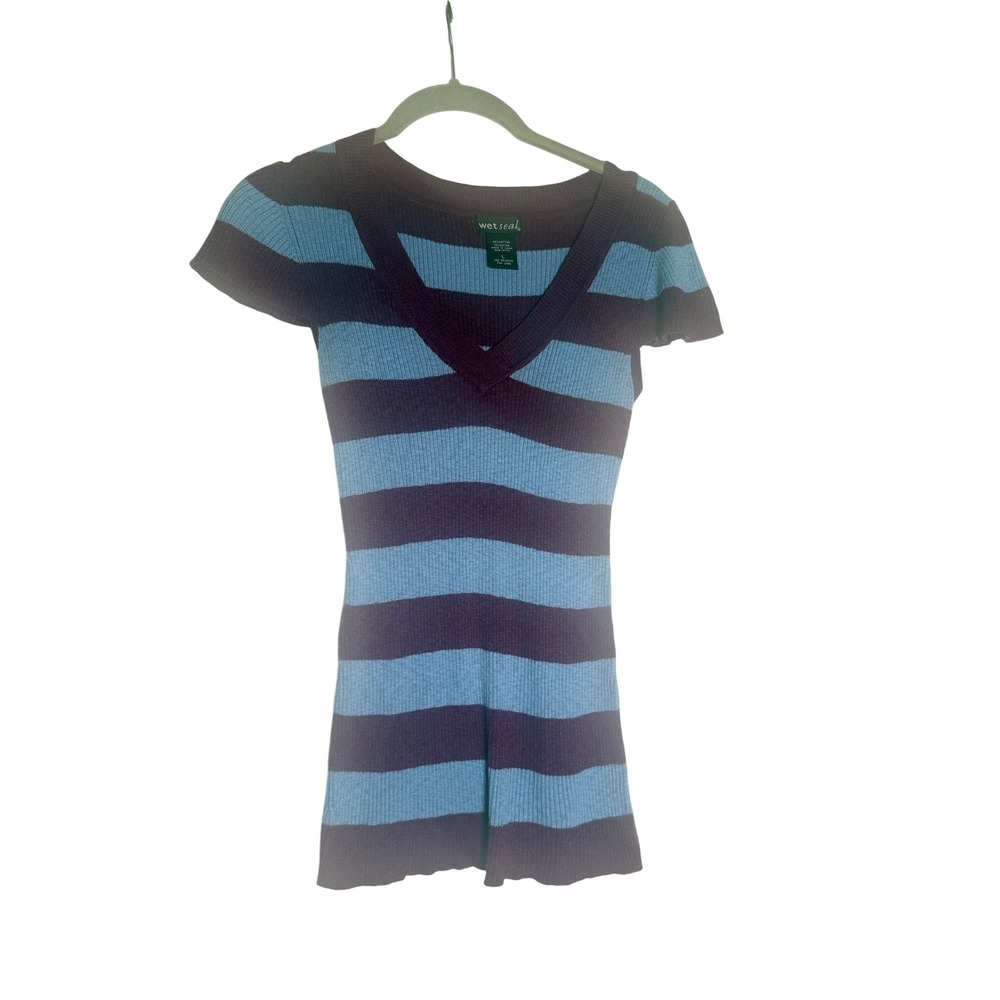Wet Seal VTG y2k Striped V Neck Short Sleeve Ribbed Knit Sweater Size L Rare